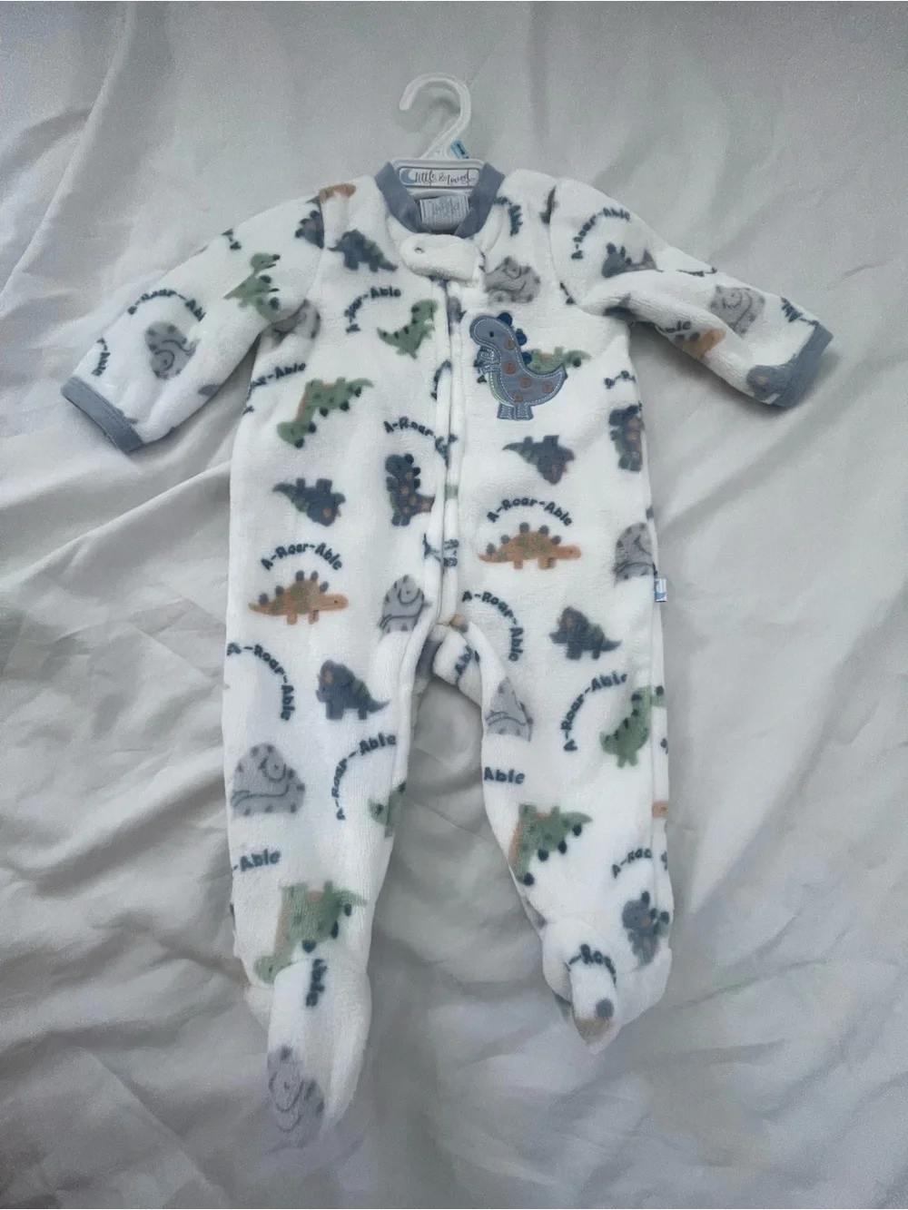 White Fleece Dinosaur Footed One-Piece for Kids by Little & Loved 0-3 months